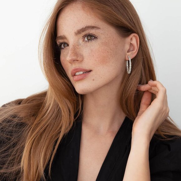 925 Silver-40mm Heart Cubic Zirconia Large Rhinestone Hoop Earrings for Womens - Picture 4 of 7